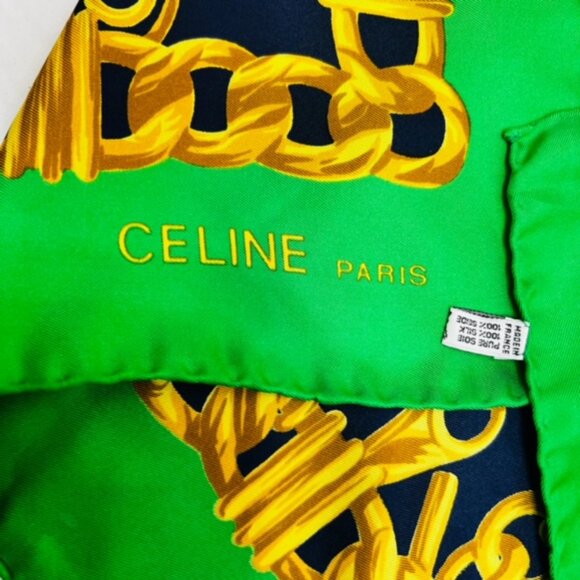 Elegance Soft   Celine Paris  Scarf  100% Silk 34"x35"Green black Gold Chain(S75 - Picture 6 of 9